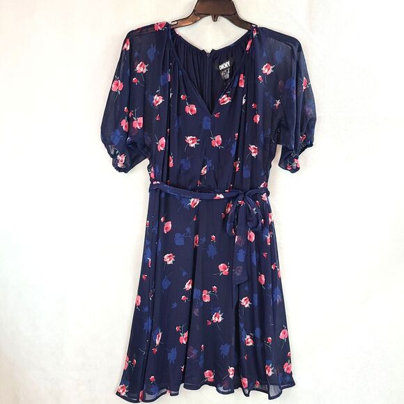 New DKNY Women's (12) Blue and Pink Floral Print Chiffon Fit & Flare Dress $134 - Picture 4 of 12